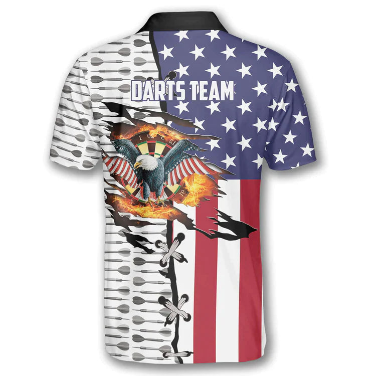 Darts Custom Name Men Polo Shirt, Personalized Dart Arrow Pattern Eagle American Flag Polo Shirts For Men, Fourth of July Apparel For Darts Lovers - Amzanimalsgift