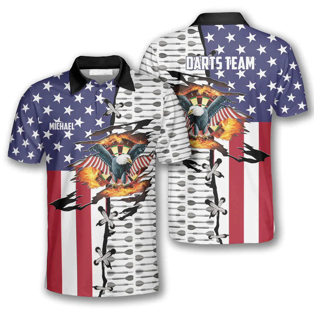 Darts Custom Name Men Polo Shirt, Personalized Dart Arrow Pattern Eagle American Flag Polo Shirts For Men, Fourth of July Apparel For Darts Lovers - Amzanimalsgift