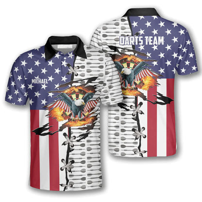 Darts Custom Name Men Polo Shirt, Personalized Dart Arrow Pattern Eagle American Flag Polo Shirts For Men, Fourth of July Apparel For Darts Lovers - Amzanimalsgift