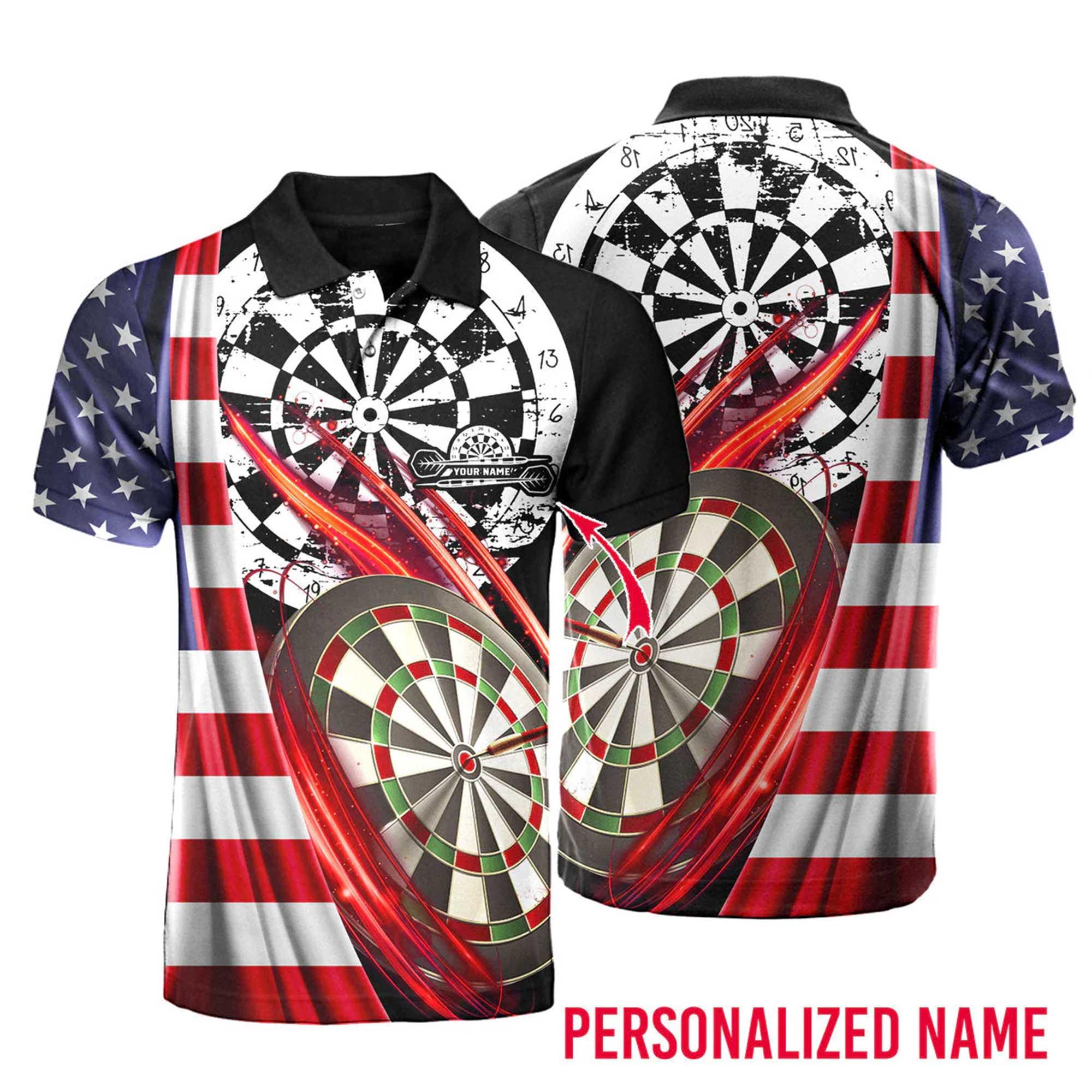 Darts Custom Name Men Polo Shirt, Personalized Dart Player American Flag Polo Shirts For Men, Independence Day Apparel For Darts Lover, July 4 Holiday - Amzanimalsgift