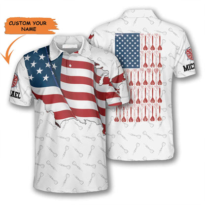 Darts Custom Name Men Polo Shirt, Personalized Darts Patriotic USA Flag White Polo Shirts For Men, 4th of July Apparel For Darts Lovers - Amzanimalsgift