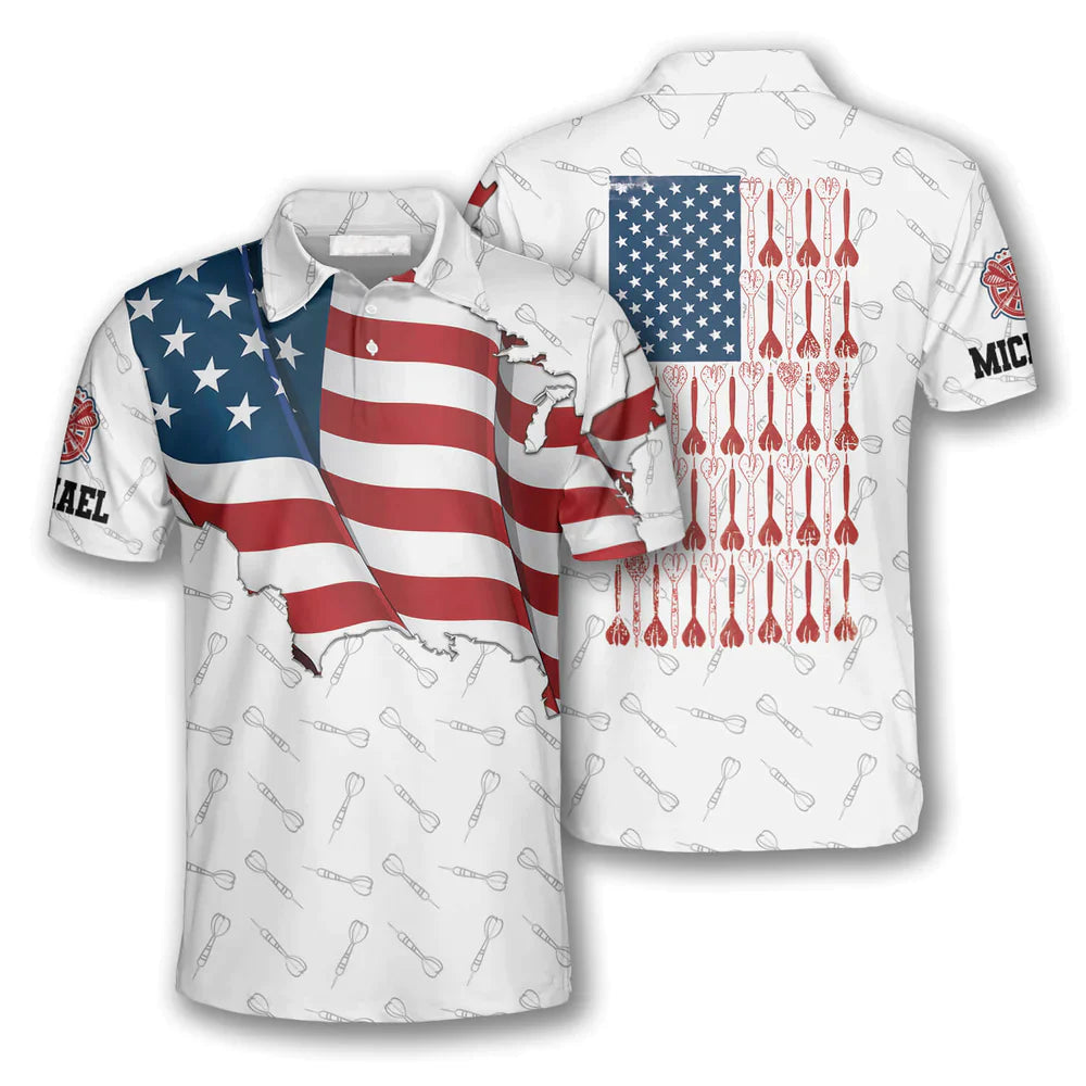 Darts Custom Name Men Polo Shirt, Personalized Darts Patriotic USA Flag White Polo Shirts For Men, 4th of July Apparel For Darts Lovers - Amzanimalsgift