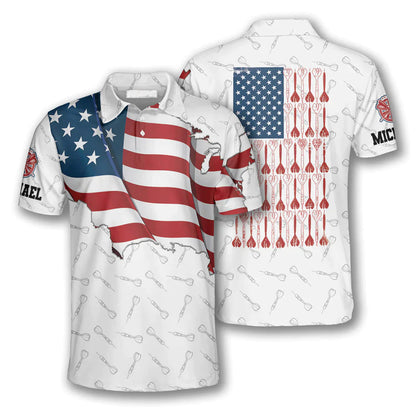 Darts Custom Name Men Polo Shirt, Personalized Darts Patriotic USA Flag White Polo Shirts For Men, 4th of July Apparel For Darts Lovers - Amzanimalsgift