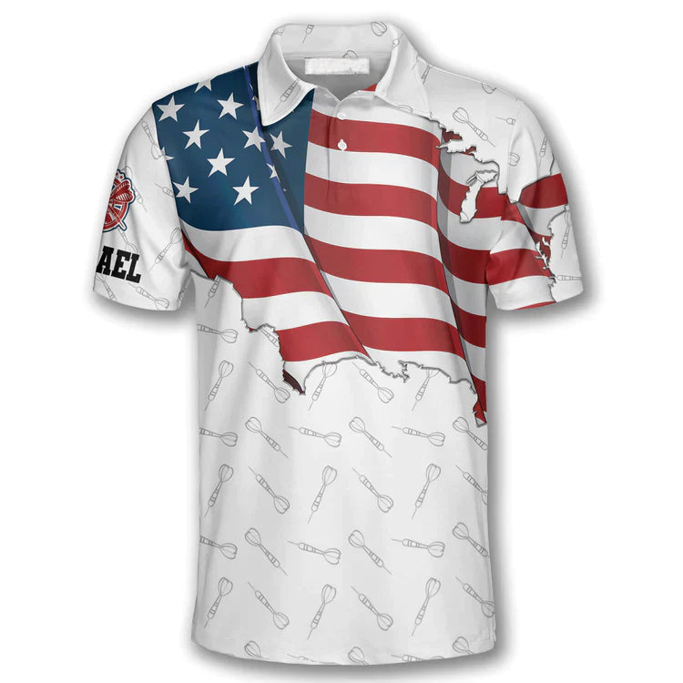 Darts Custom Name Men Polo Shirt, Personalized Darts Patriotic USA Flag White Polo Shirts For Men, 4th of July Apparel For Darts Lovers - Amzanimalsgift