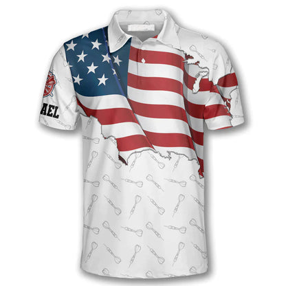 Darts Custom Name Men Polo Shirt, Personalized Darts Patriotic USA Flag White Polo Shirts For Men, 4th of July Apparel For Darts Lovers - Amzanimalsgift