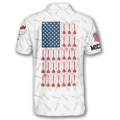 Darts Custom Name Men Polo Shirt, Personalized Darts Patriotic USA Flag White Polo Shirts For Men, 4th of July Apparel For Darts Lovers - Amzanimalsgift