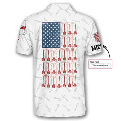 Darts Custom Name Men Polo Shirt, Personalized Darts Patriotic USA Flag White Polo Shirts For Men, 4th of July Apparel For Darts Lovers - Amzanimalsgift