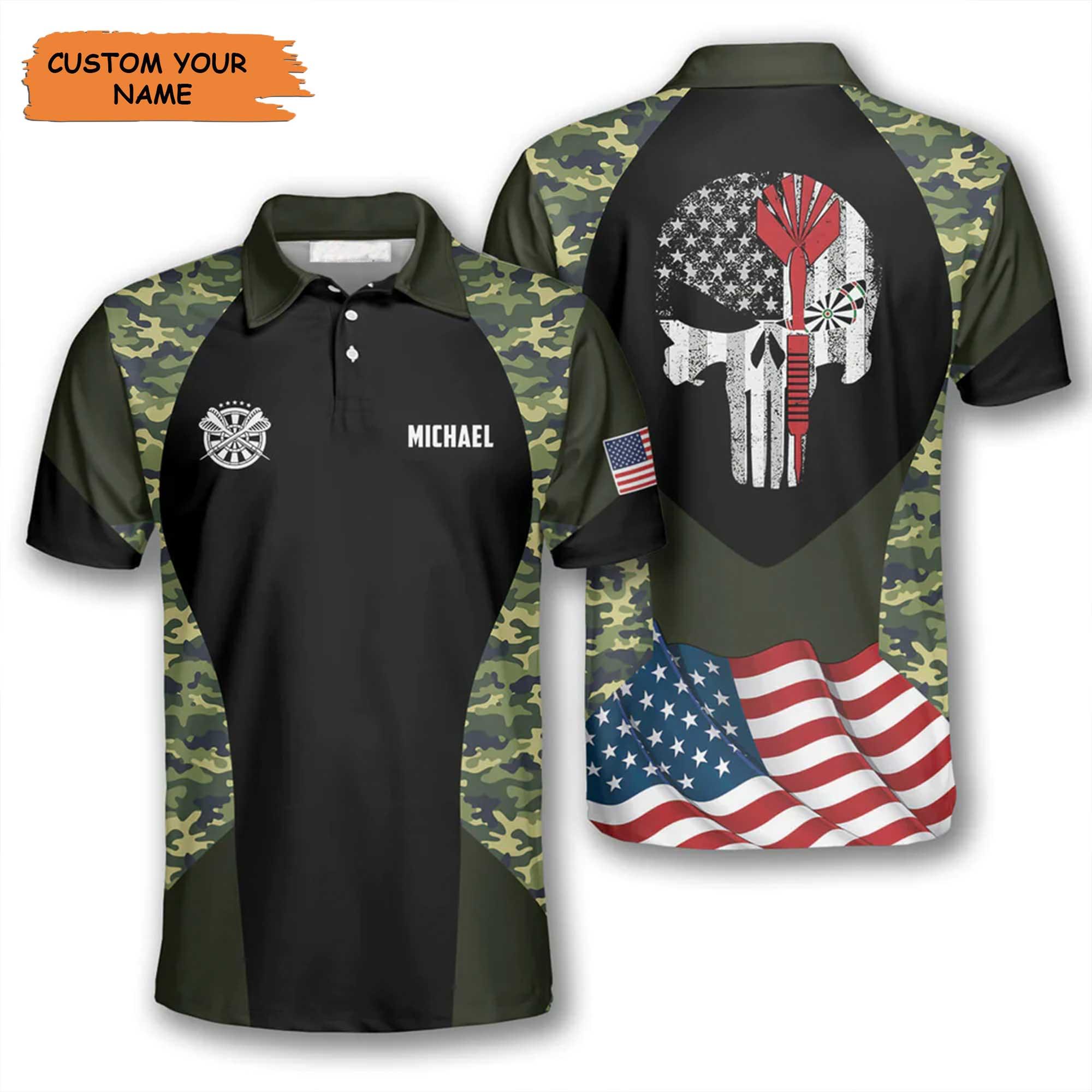 Darts Custom Name Men Polo Shirt, Personalized Darts Skull Camouflage US Flag Polo Shirts For Men, Independence Day Apparel For Darts Lovers, Patriot - Amzanimalsgift