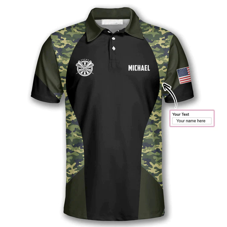 Darts Custom Name Men Polo Shirt, Personalized Darts Skull Camouflage US Flag Polo Shirts For Men, Independence Day Apparel For Darts Lovers, Patriot - Amzanimalsgift