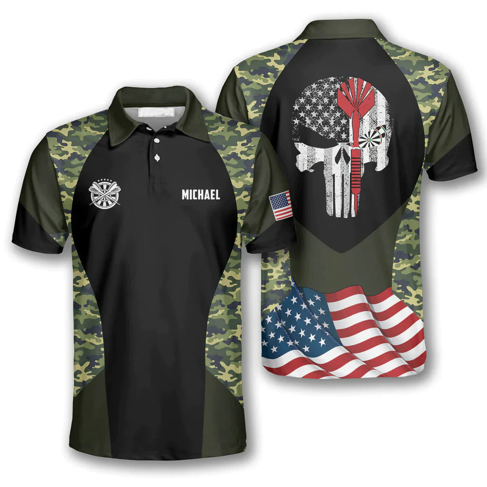 Darts Custom Name Men Polo Shirt, Personalized Darts Skull Camouflage US Flag Polo Shirts For Men, Independence Day Apparel For Darts Lovers, Patriot - Amzanimalsgift