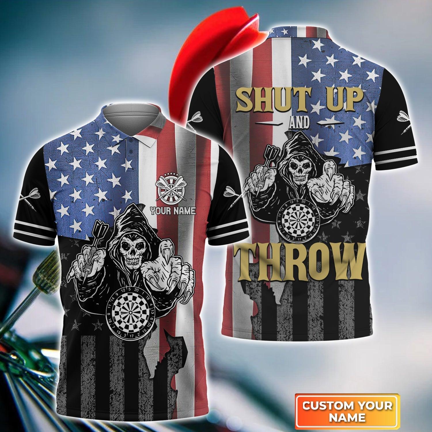 Darts Custom Name Men Polo Shirt, Shut Up And Throw American Flag Personalized Men Polo Shirt Gift For Darts Lovers, Friend, Team Player - Amzanimalsgift