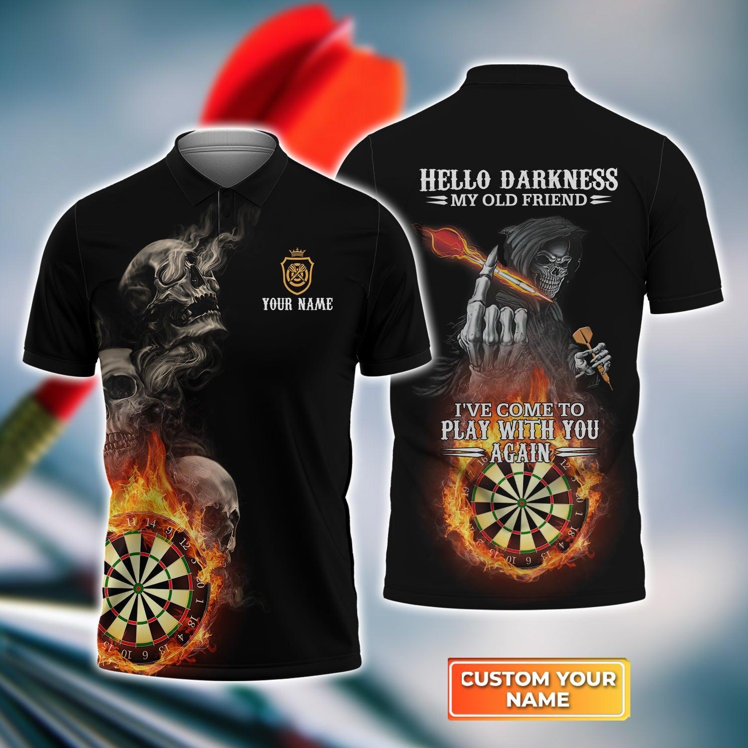 Darts Custom Name Men Polo Shirt, Skull Personalized Polo Shirt Gift For Darts Lovers, Hello Darkness My Old Friend I've Come To Play With You Again - Amzanimalsgift