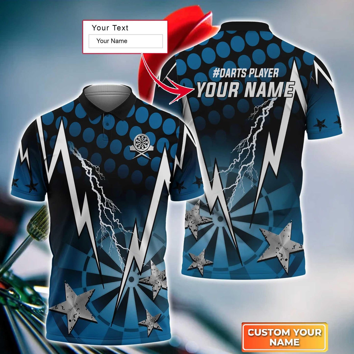 Darts Custom Name Men Polo Shirt, Thunder Lightning Dartboard Personalized Blue Men Polo Shirt Gift For Darts Lovers, Friend, Team Player - Amzanimalsgift