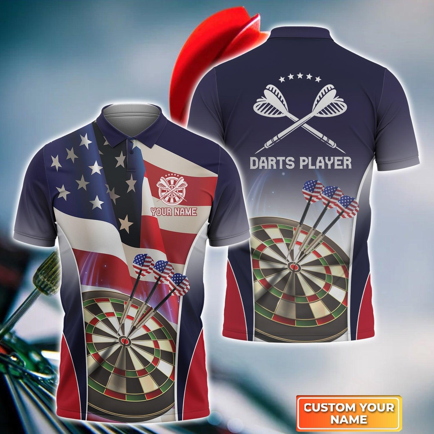Darts Custom Name Men Polo Shirt, USA American Flag Personalized Men Polo Shirt Gift For Darts Lovers, Friend, Team Player - Amzanimalsgift