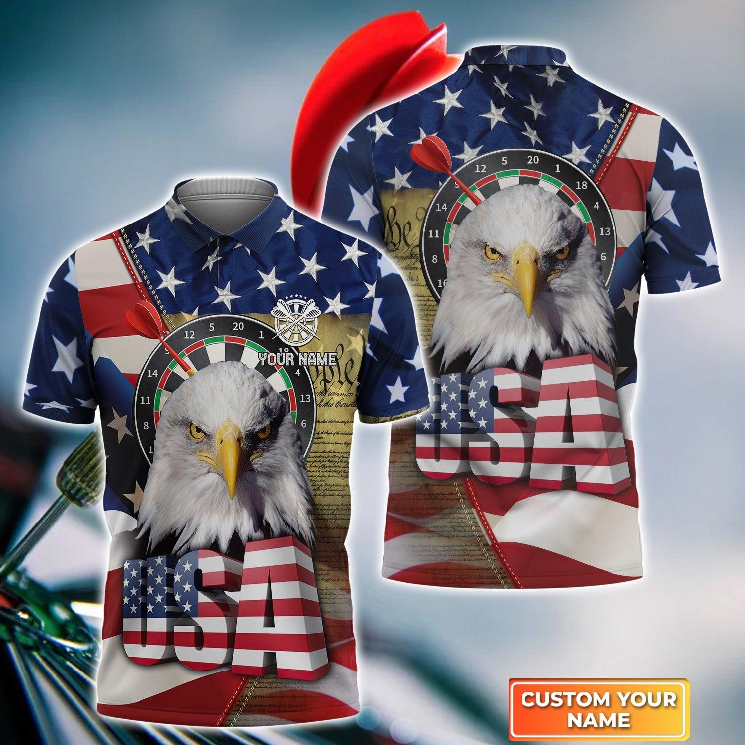Darts Custom Name Men Polo Shirt, USA Eagle American Flag Personalized Men Polo Shirt Gift For Darts Lovers, Friend, Team Player - Amzanimalsgift