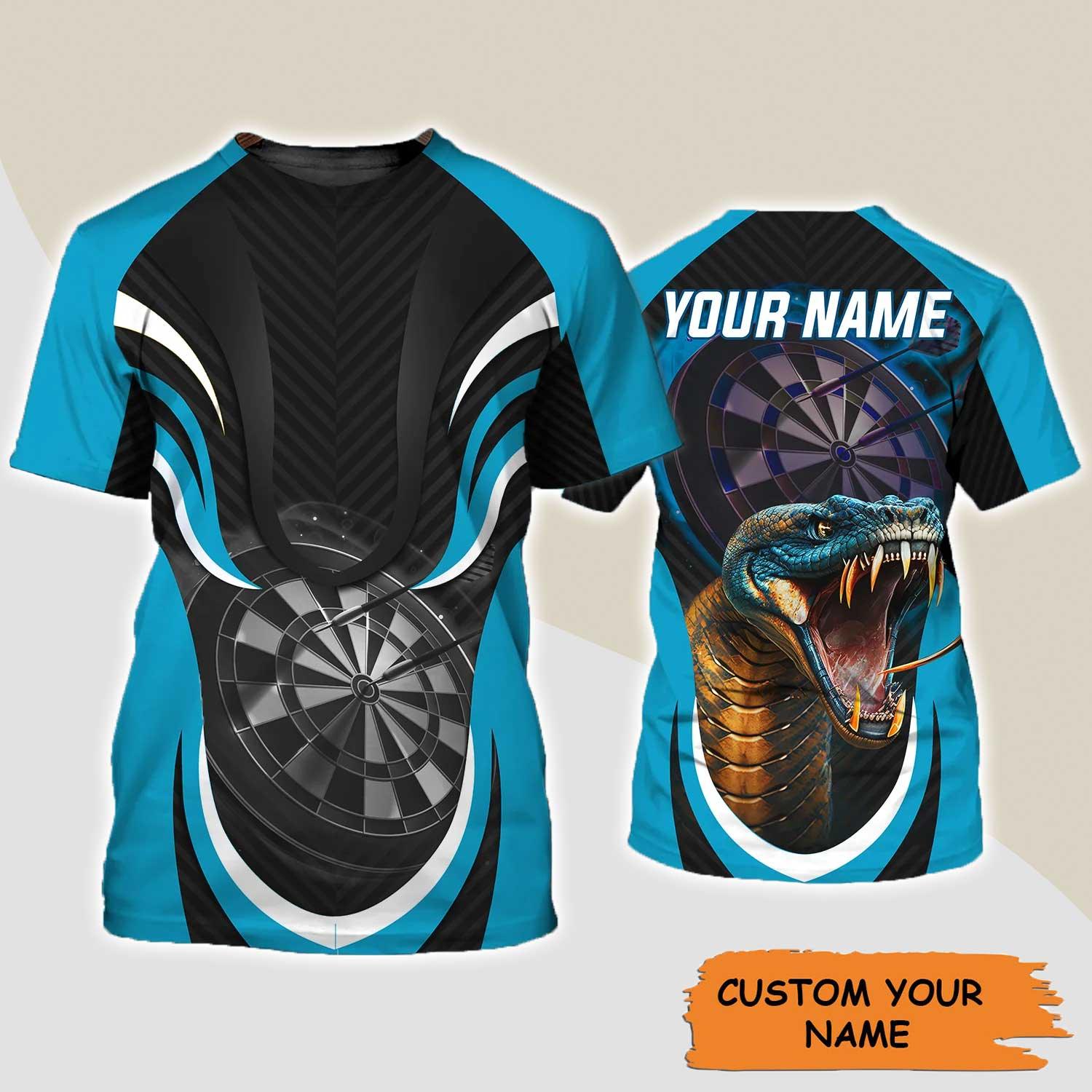Darts Custom Name T Shirt, Blue Bullseye Dartboard Personalized Name King Cobra And Darts T-Shirt For Men Women - Gift For Darts Lovers, Dart Team - Amzanimalsgift
