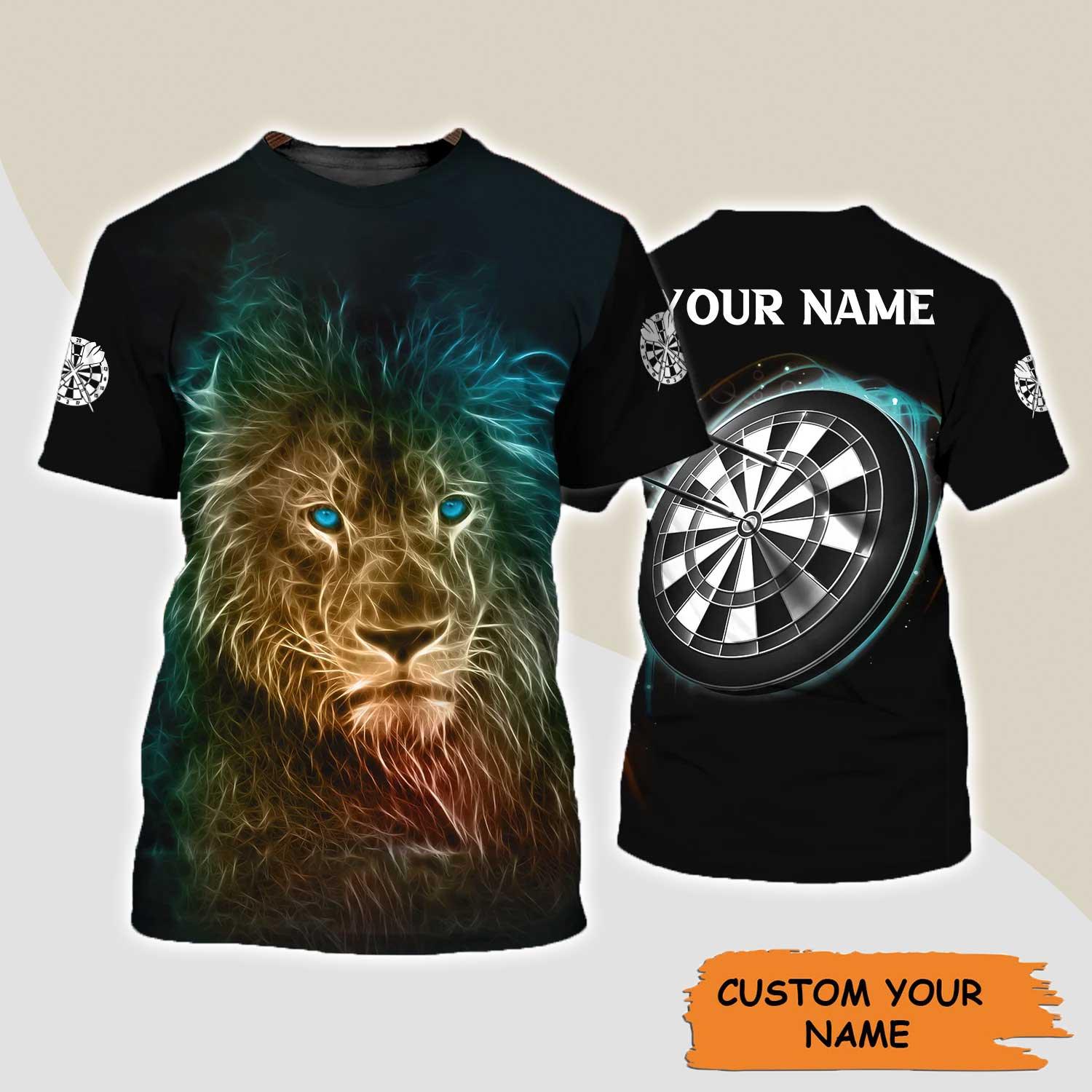 Darts Custom Name T Shirt, Blue Bullseye Dartboard Personalized Name Lion And Darts T-Shirt For Men Women - Gift For Darts Lovers, Dart Team Player - Amzanimalsgift