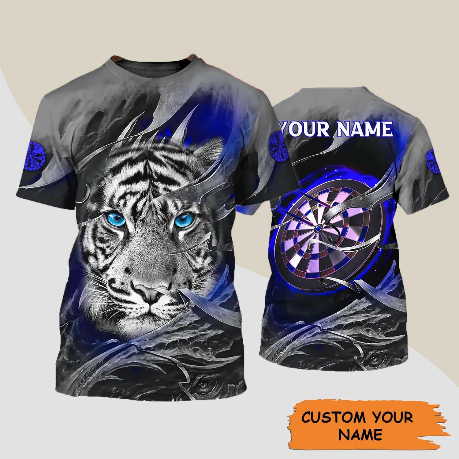 Darts Custom Name T Shirt, Blue Bullseye Dartboard Personalized Name Tiger And Darts T-Shirt For Men Women - Gift For Darts Lovers, Dart Team Player - Amzanimalsgift