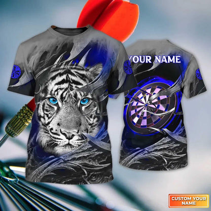 Darts Custom Name T Shirt, Blue Bullseye Dartboard Personalized Name Tiger And Darts T-Shirt For Men Women - Gift For Darts Lovers, Dart Team Player - Amzanimalsgift