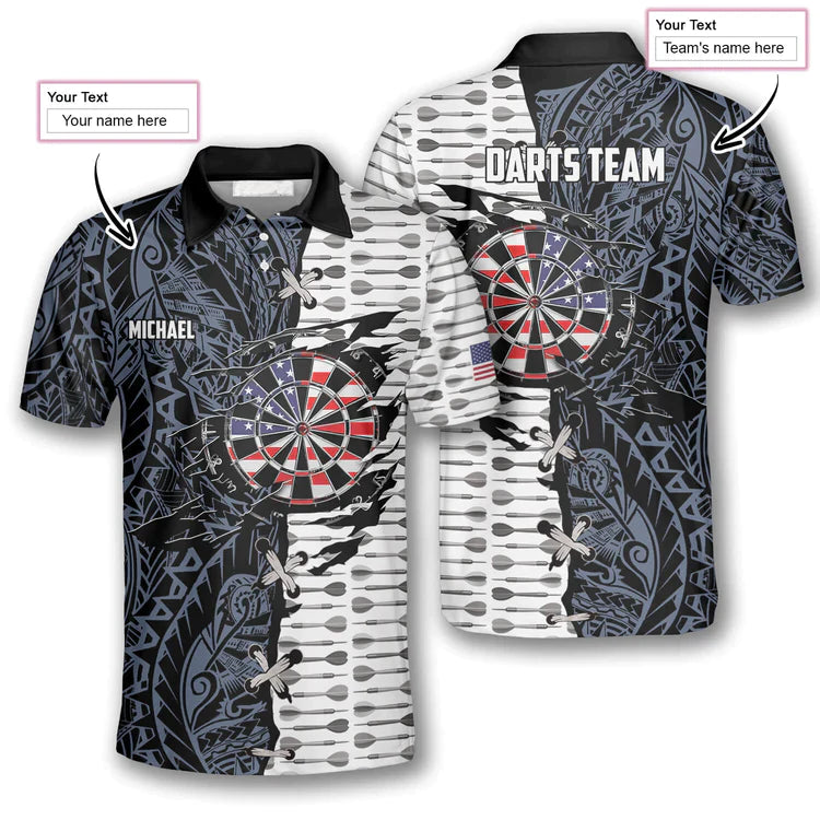 Darts Custom Team Name Men Polo Shirt, Personalized Dart Arrow Tribal Tattoo American Flag Polo Shirts For Men, Fourth of July Apparel For Darts Lover - Amzanimalsgift