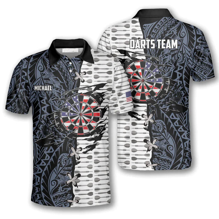 Darts Custom Team Name Men Polo Shirt, Personalized Dart Arrow Tribal Tattoo American Flag Polo Shirts For Men, Fourth of July Apparel For Darts Lover - Amzanimalsgift