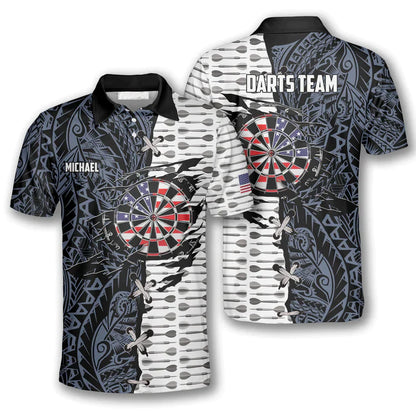 Darts Custom Team Name Men Polo Shirt, Personalized Dart Arrow Tribal Tattoo American Flag Polo Shirts For Men, Fourth of July Apparel For Darts Lover - Amzanimalsgift