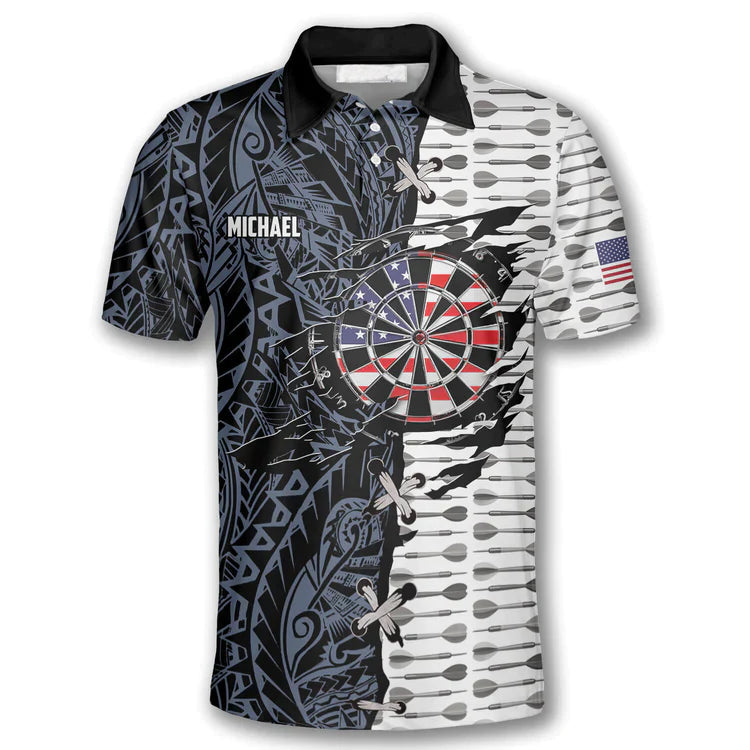 Darts Custom Team Name Men Polo Shirt, Personalized Dart Arrow Tribal Tattoo American Flag Polo Shirts For Men, Fourth of July Apparel For Darts Lover - Amzanimalsgift