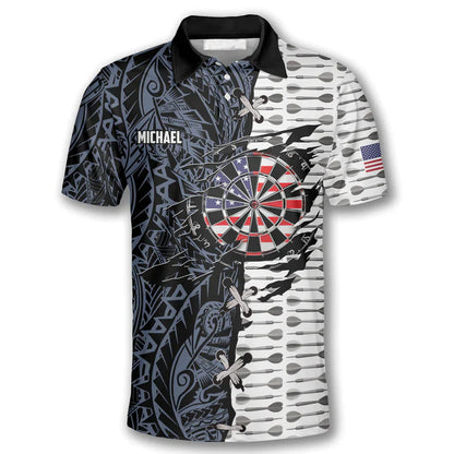 Darts Custom Team Name Men Polo Shirt, Personalized Dart Arrow Tribal Tattoo American Flag Polo Shirts For Men, Fourth of July Apparel For Darts Lover - Amzanimalsgift