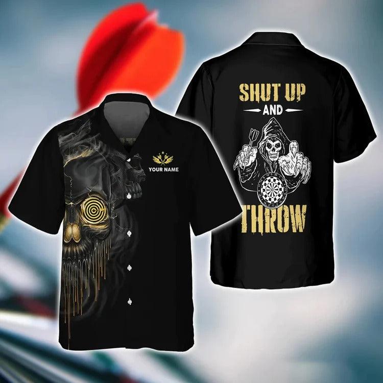 Darts Hawaiian Shirt Custom, Skull Shut Up And Throw, Personalized Name Hawaiian Shirt For Men - Perfect Gift For Darts Lovers, Darts Players - Amzanimalsgift