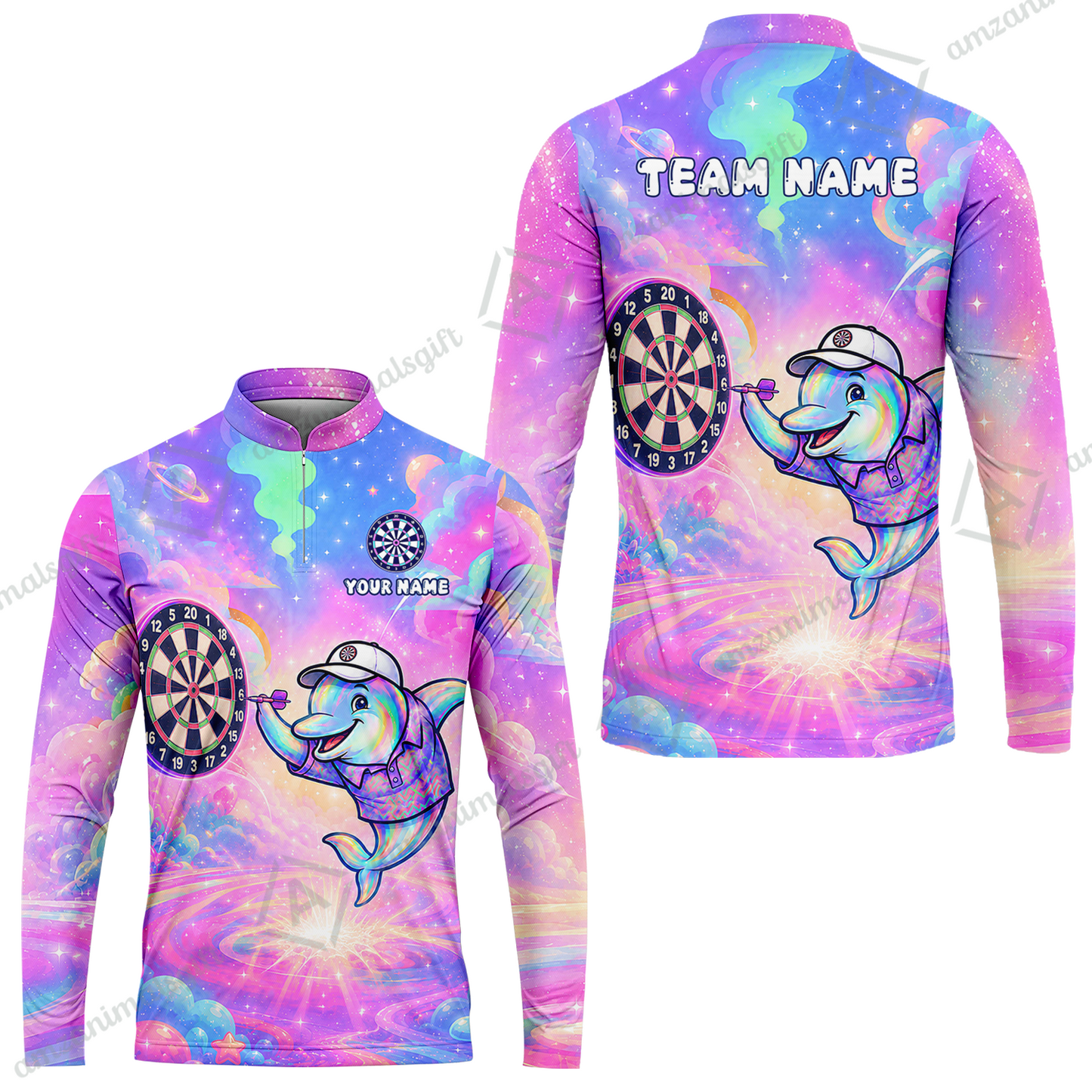 Custom Dart Jersey Team Shirt For Players, Dolphin in Galaxy, Personalize Name and Team Name