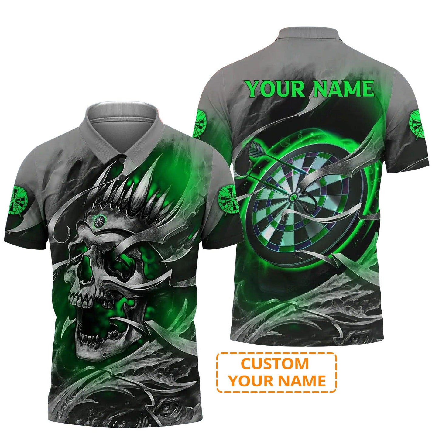 Darts Men's Long Sleeve Polo Shirt Custom Name - Green Skull Dartboard Personalized Long Sleeve Polo Shirt For Men