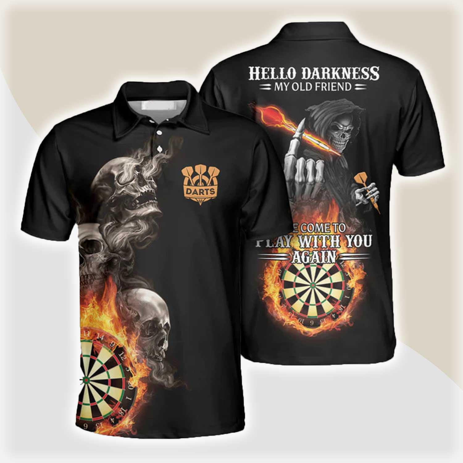 Darts Polo Shirt, Darts Hello Darkness My Old Friends Polo Shirt For Men - Perfect Gift For Darts Lovers, Darts Players - Amzanimalsgift