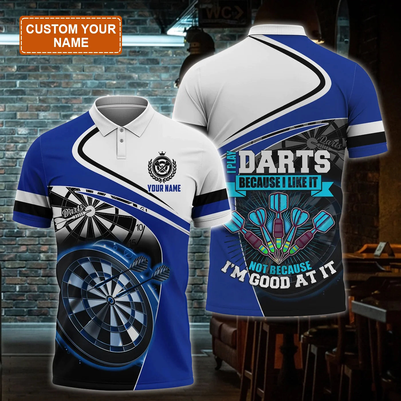 Darts Polo Shirts Personalised, Darts Blue Light Background I Play Because I Like It Custom Name Men Polo Shirt - Perfect Gift For Men, Darts Player - Amzanimalsgift