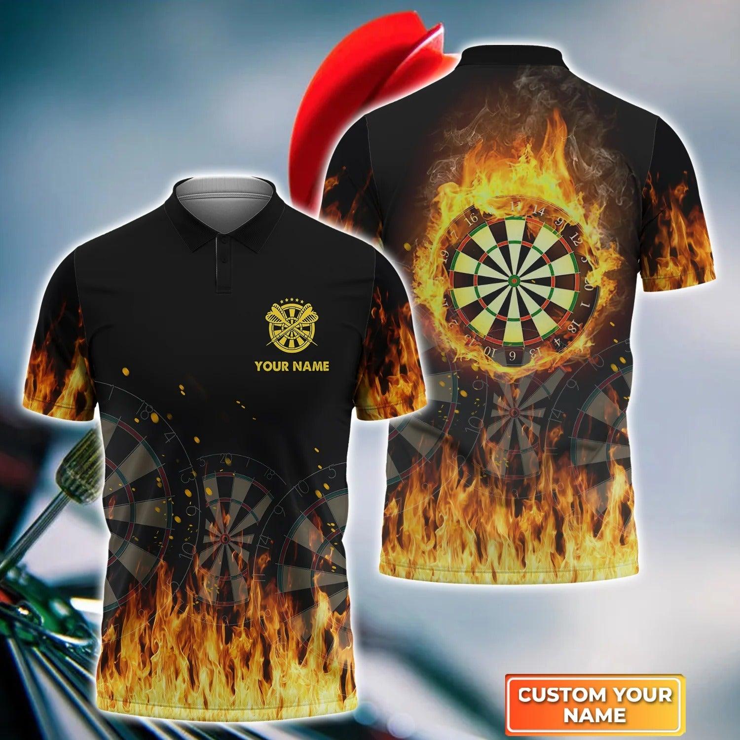 Darts Polo Shirts Personalised, Darts Flame Black Background, Darts On Fire Custom Name Men Polo Shirt - Perfect Gift For Men, Darts Player - Amzanimalsgift