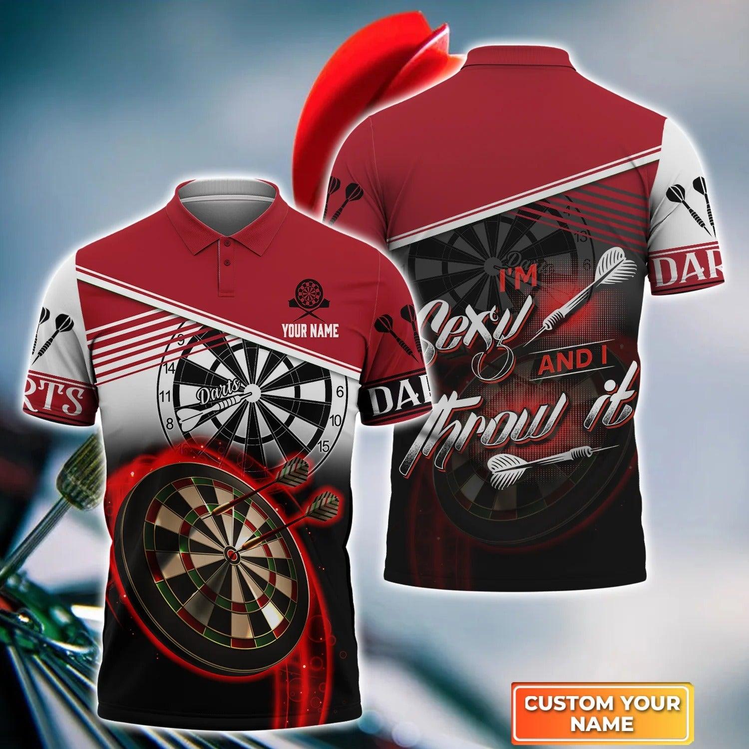 Darts Polo Shirts Personalised, Red Black Background Darts I'm Sexy And I Throw It Custom Name Men Polo Shirt - Perfect Gift For Men, Darts Player - Amzanimalsgift