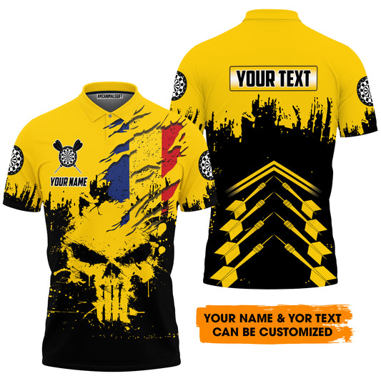Darts Romanian Flag And Skull Men Polo Shirt Customized Name And Text, Perfect Outfit For Darts Lovers, Darts Players, Team
