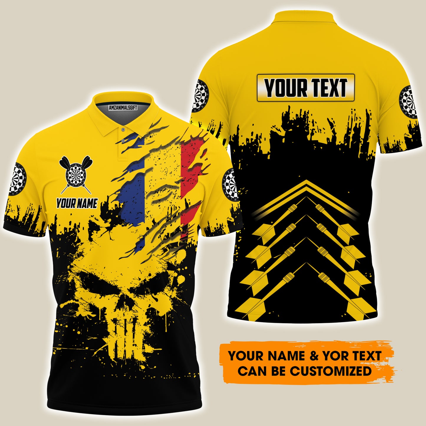 Darts Romanian Flag And Skull Men Polo Shirt Customized Name And Text, Perfect Outfit For Darts Lovers, Darts Players, Team