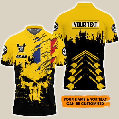 Darts Romanian Flag And Skull Men Polo Shirt Customized Name And Text, Perfect Outfit For Darts Lovers, Darts Players, Team