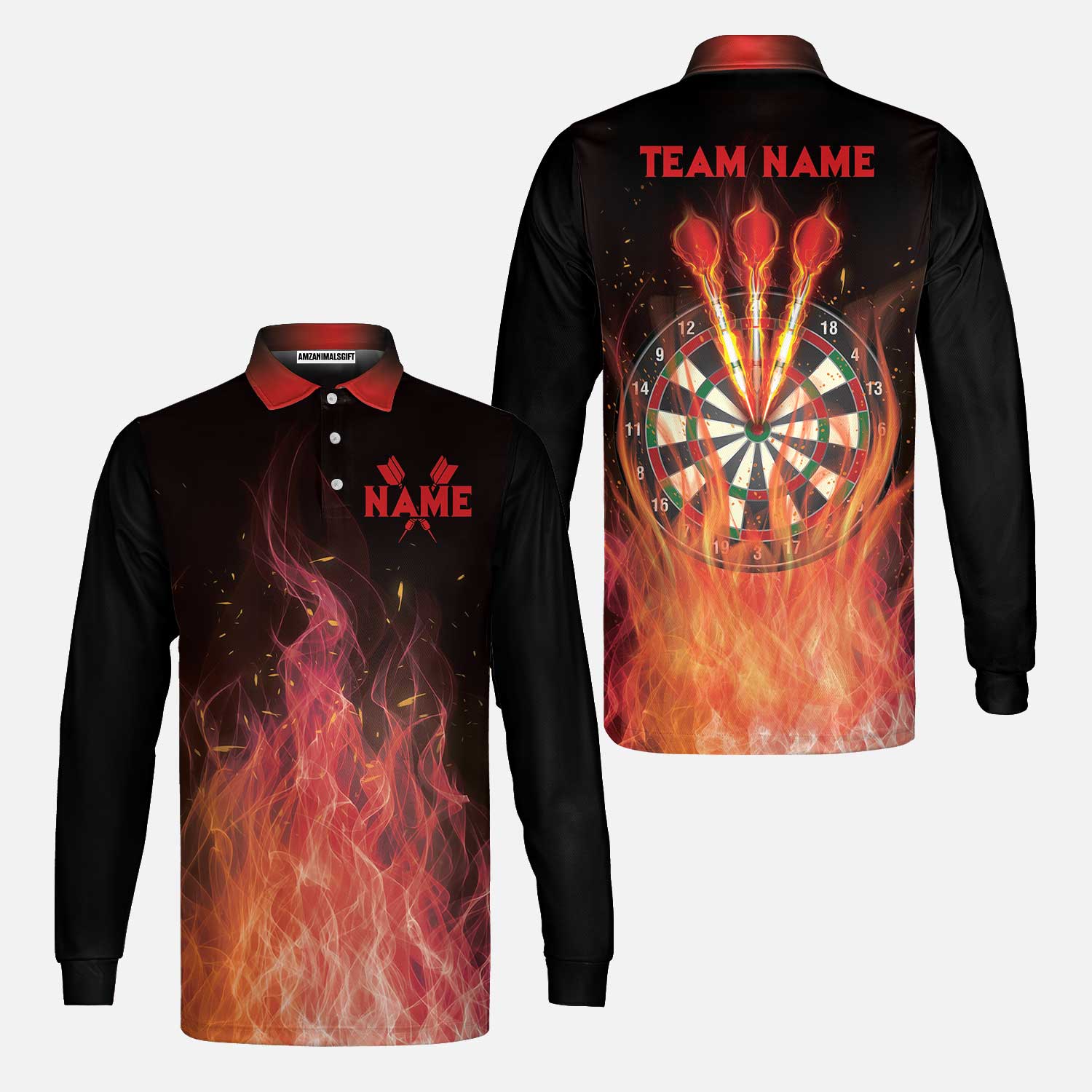 Darts Men's Long Sleeve Polo Shirt Custom Name And Team Name, Darts Flame Player Uniform, Personalized Shirt For Darts Lovers, Darts Players