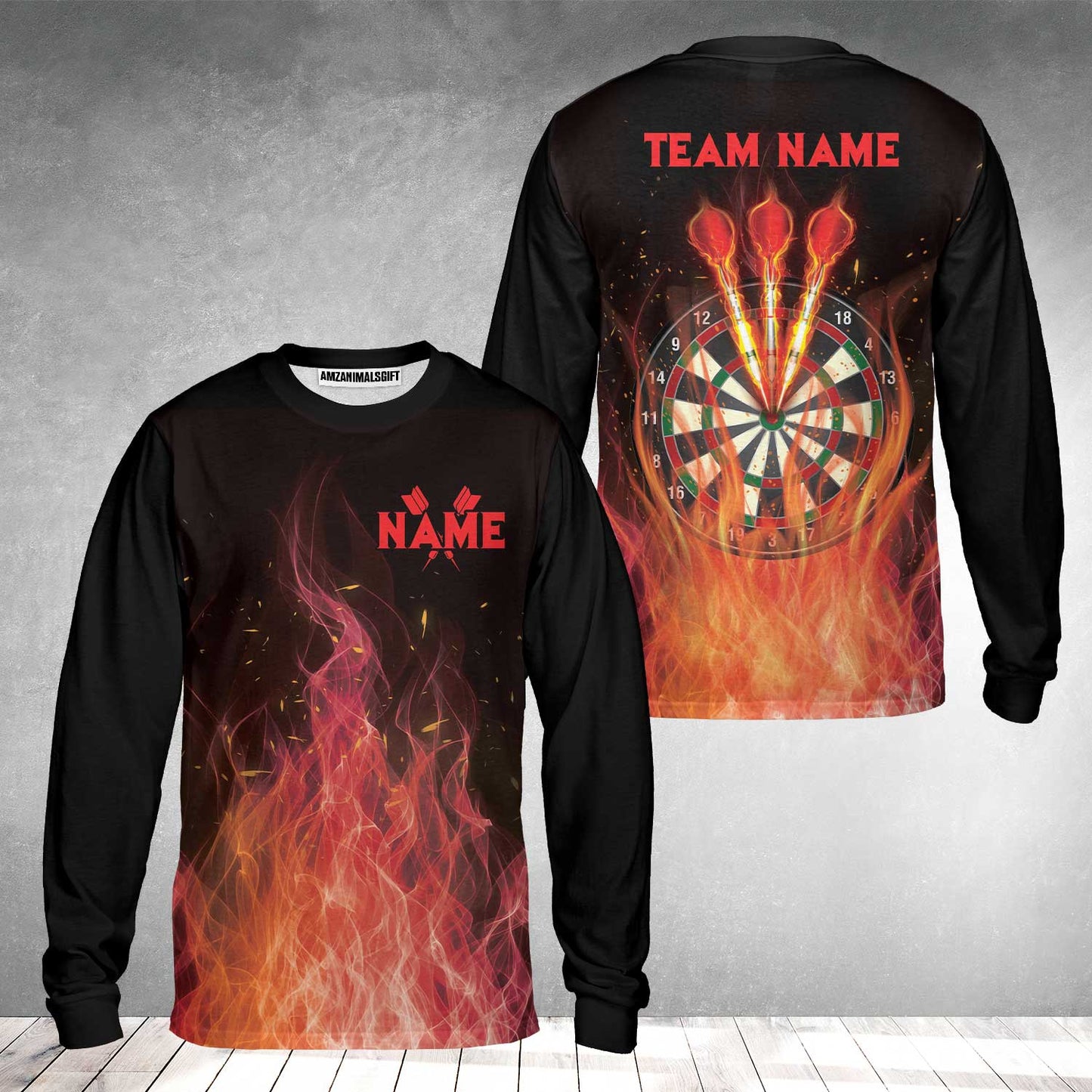 Darts Men's Long Sleeve Polo Shirt Custom Name And Team Name, Darts Flame Player Uniform, Personalized Shirt For Darts Lovers, Darts Players