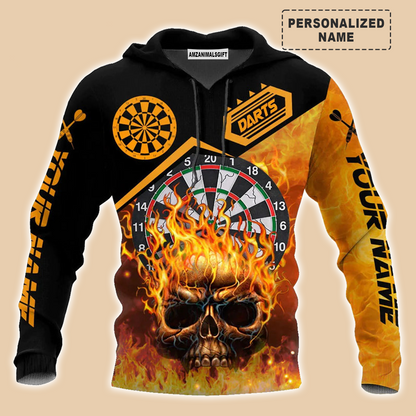 Darts Skull And Fire Sweatshirt Customized Name Dartboard Fire Pattern, Perfect Outfit For Darts Players Uniforms, Darts Lovers, Team