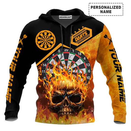 Darts Skull And Fire Premium Hoodie Customized Name Dartboard Fire Pattern, Perfect Outfit For Darts Players Uniforms, Darts Lovers, Team