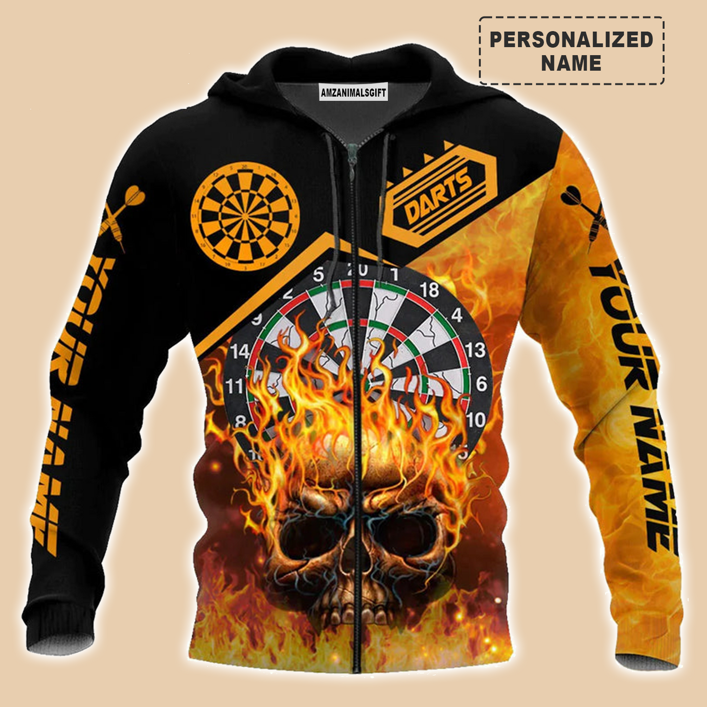 Darts Skull And Fire Sweatshirt Customized Name Dartboard Fire Pattern, Perfect Outfit For Darts Players Uniforms, Darts Lovers, Team