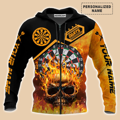 Darts Skull And Fire Sweatshirt Customized Name Dartboard Fire Pattern, Perfect Outfit For Darts Players Uniforms, Darts Lovers, Team