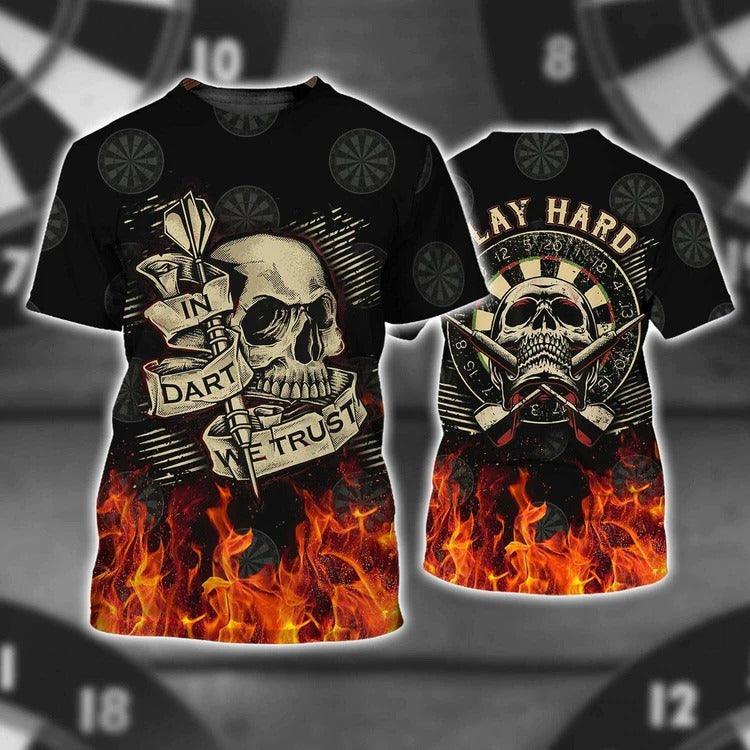 Darts T Shirt, In Dart We Trust Flame Skull Darts T Shirt For Men - Perfect Gift For Darts Lovers, Darts Players - Amzanimalsgift