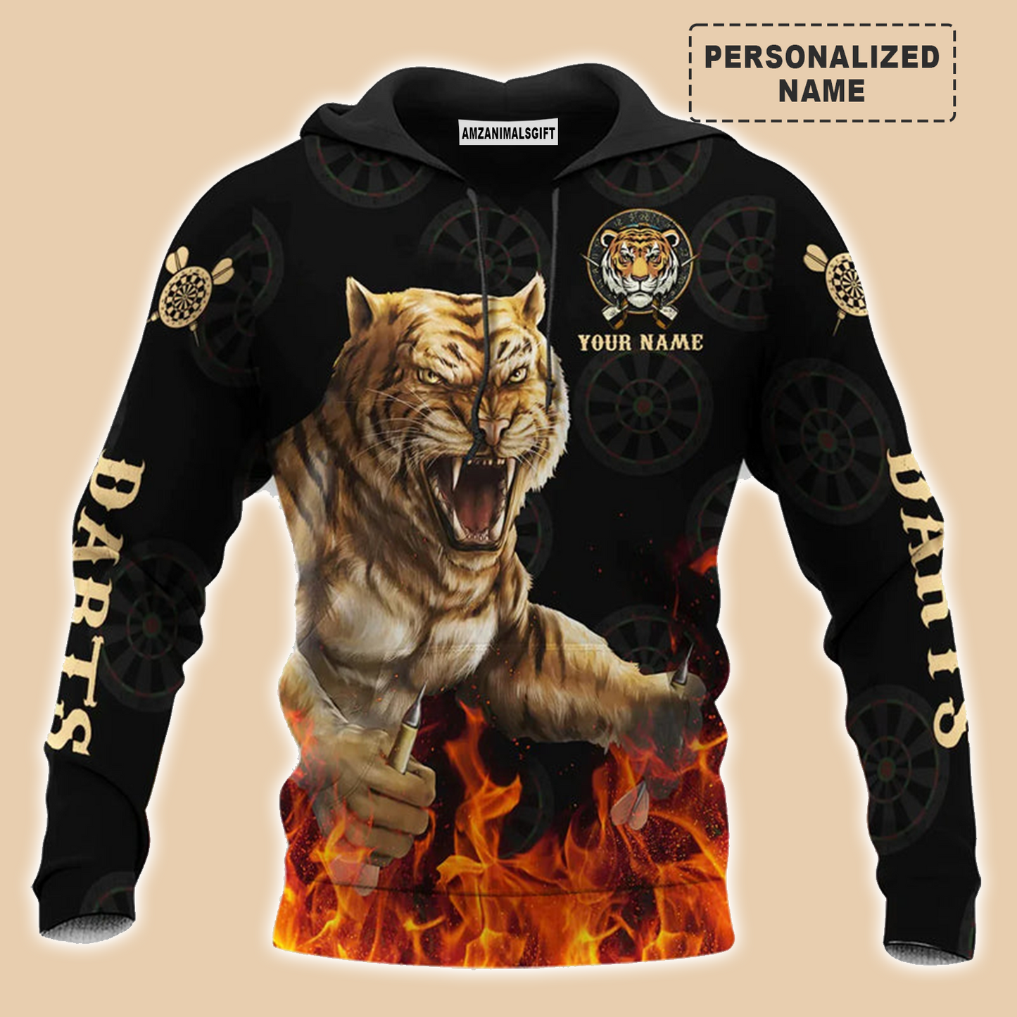 Darts Tiger Black And Fire T-Shirt Customized Name, Perfect Outfit For Darts Players Uniforms, Darts Lovers, Team