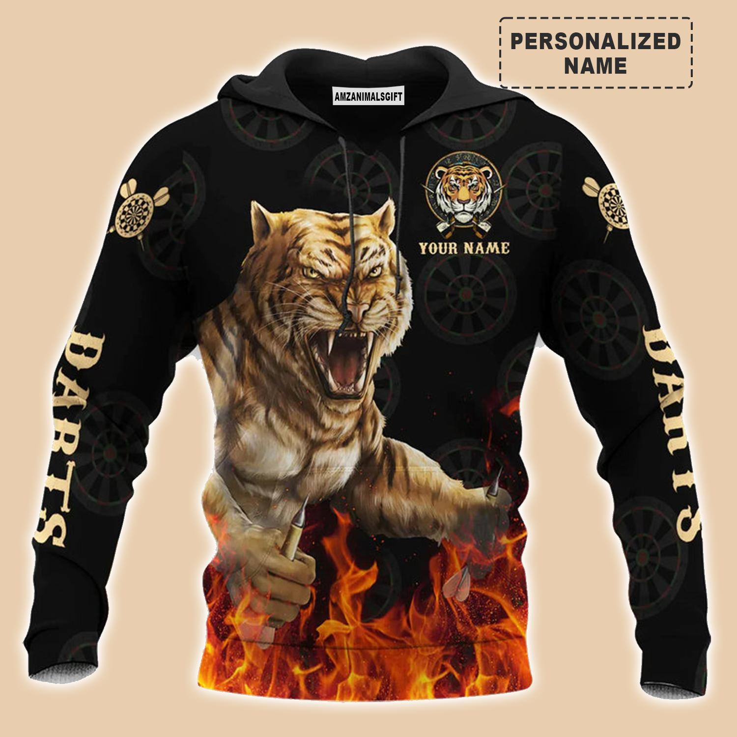 Darts Tiger Black And Fire Premium Hoodie Customized Name, Perfect Outfit For Darts Players Uniforms, Darts Lovers, Team