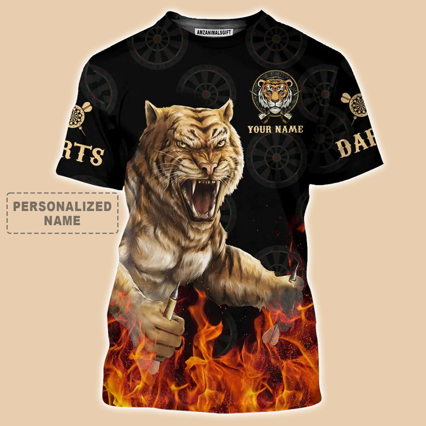 Darts Tiger Black And Fire T-Shirt Customized Name, Perfect Outfit For Darts Players Uniforms, Darts Lovers, Team