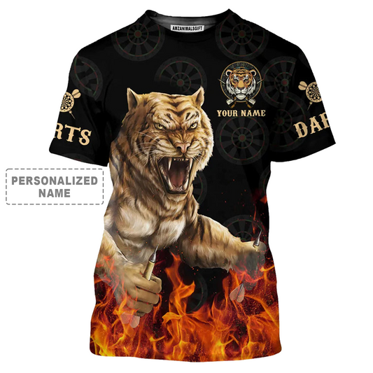 Darts Tiger Black And Fire T-Shirt Customized Name, Perfect Outfit For Darts Players Uniforms, Darts Lovers, Team