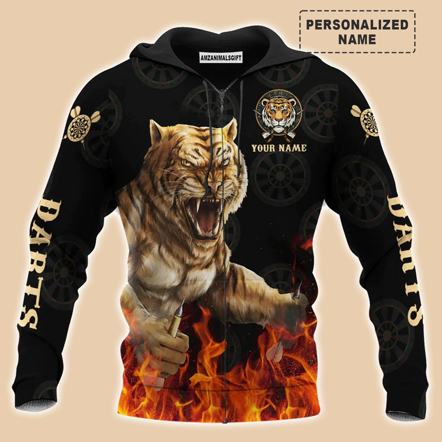 Darts Tiger Black And Fire Premium Hoodie Customized Name, Perfect Outfit For Darts Players Uniforms, Darts Lovers, Team